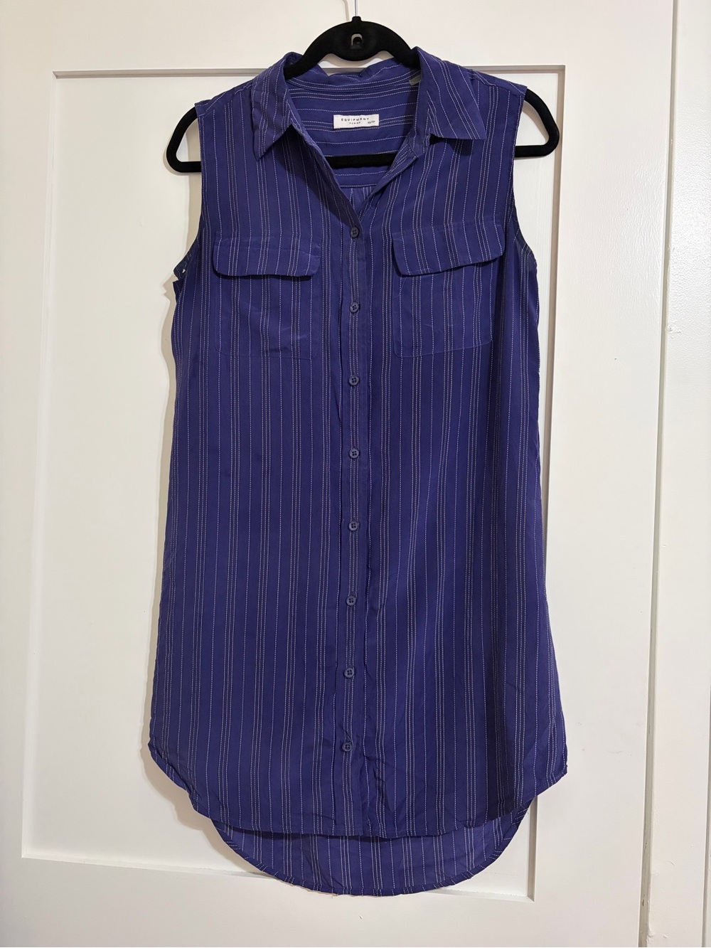 Equipment Femme Sleeveless Dress - 100% Silk - Blue Purple Stripe Button-up